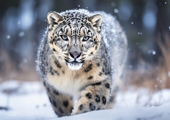 Obraz premium Snow leopard walking on snowy winter ground. Generative AI 