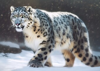 Naklejka premium Snow leopard walking on snowy winter ground. Generative AI 