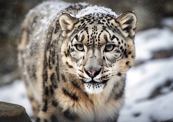 Fototapeta na wymiar Snow leopard walking on snowy winter ground. Generative AI 