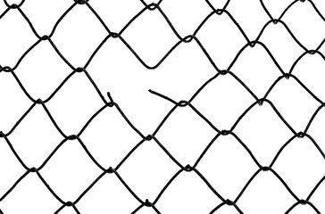 Fototapeta premium The texture of the metal mesh. Torn, destroyed, broken metal mesh on a white background