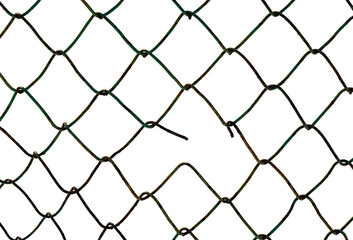 Fototapeta premium The texture of the metal mesh. Torn, destroyed, broken metal mesh on a white background