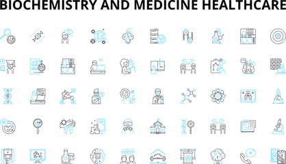 Biochemistry and medicine healthcare linear icons set. Enzymes, Proteins, Metabolism, Carbohydrates, Lipids, Genetics, Horms vector symbols and line concept signs. Generative AI