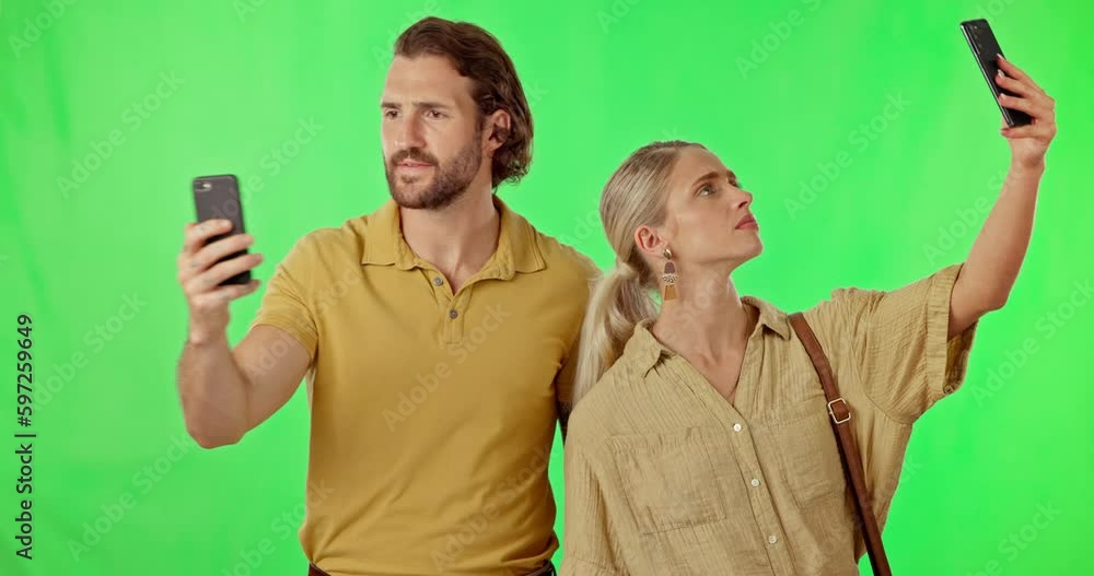Poster Phone, couple and search for signal on green screen in studio isolated on a background. Cellphone, network problem and confused man and woman with glitch, 404 error and poor cellular connection.