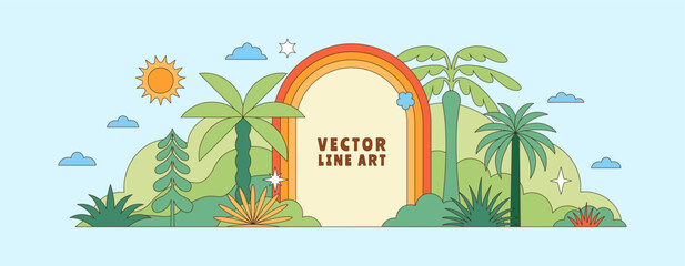 Vector simple flat illustration, summer vacation, tropical hotel,  geometric summer pattern and banner, sun travel, landscape with island scenery with houses and palm trees