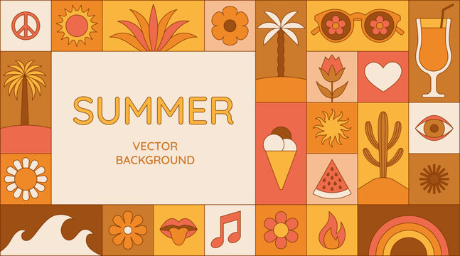 Vector Simple Flat Illustrations And Icons, Geometric Summer Pattern And Banner, Vacation And Tropical Travel, Flowers And Plants Simple Shapes, Festival And Sale Posters