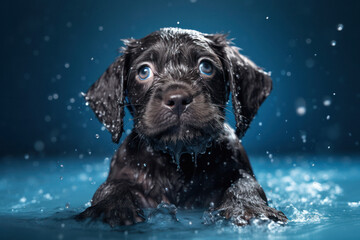 Curious and Playful Puppy Dog Bathed in Blue Water