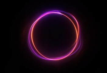 Abstract neon circle, red orange, purple glowing border isolated on a dark background. Colorful light effect. Bright illuminated circle.