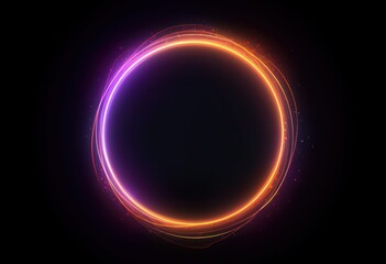 Abstract neon circle, red orange, purple glowing border isolated on a dark background. Colorful light effect. Bright illuminated circle.