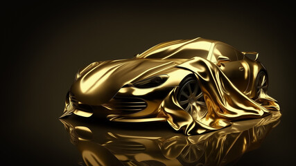 Fototapeta premium The headlight of the new beautiful luxsus concept car on the background under the golden fabric. Generative AI.