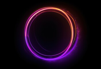 Abstract neon circle, red orange, purple glowing border isolated on a dark background. Colorful light effect. Bright illuminated circle.