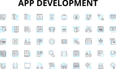 App development linear icons set. Platform, Framework, Code, Interface, Compatibility, Usability, Functionality vector symbols and line concept signs. Design,Integration,User experience Generative AI