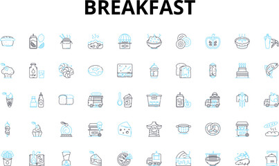 Breakfast linear icons set. Pancakes, Waffles, Omelette, Cereal, Toast, Bagel, Croissant vector symbols and line concept signs. EnglishMuffin,Bacon,Sausage illustration Generative AI