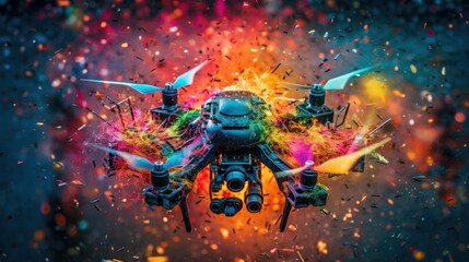 Obraz na płótnie Canvas Vibrant Drone Photography: Award-Winning Photoshoot with Sony A9 & 35mm Lens on a Colorful Exploding Background of Volumetric Lighting & Stars, Generative AI