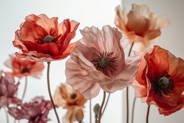 Large, delicate colorfast poppies on a light background. Generative AI