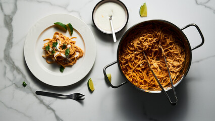 Pot of mexican pasta. Pasta with tomato sauce with chilli puree, feta and cream cheese. Spaghetti macaroni boiled al dente and mixed with sauce