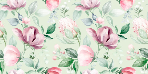 seamless floral watercolor pattern with garden pink flowers, leaves, branches. Botanical tiles, background. Protea, eucalyptus, peony, rose.