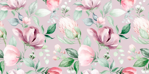 seamless floral watercolor pattern with garden pink flowers, leaves, branches. Botanical tiles, background. Protea, eucalyptus, peony, rose.