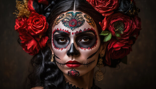 Woman with sugar skull make up and red flowers, Mexican holiday of the dead Generative AI