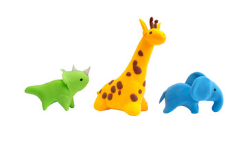 Cute collection of plasticine animals isolated on white background. Elephant, giraffe, dinosaur