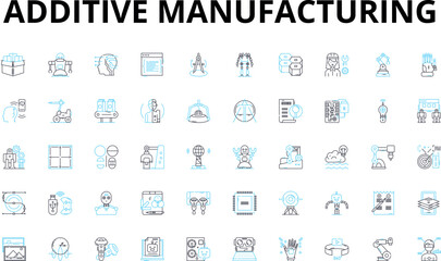 Additive manufacturing linear icons set. D printing, Layering, Polymerization, Filament, Resin, Laser, Retraction vector symbols and line concept signs. Extrusion,Sintering,Rapid Generative AI