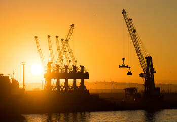 Cranes in the port with beautiful sunset in the background