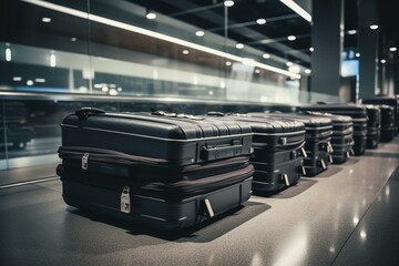 Luggage on conveyor in airport baggage claim. Generative AI