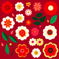 Set of flat floral stickers on a red background. Vector illustration for print	