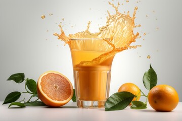Fototapeta na wymiar Fresh orange fruit and juice/smoothie with splashing 3d effect. Vitamin C-rich, isolated on white. Healthy tropical drink design element. Generative AI
