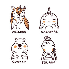 Unicorn, narwhal, quokka and iguana vector illustrations set