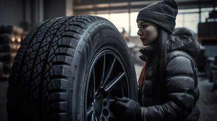 Obraz na płótnie Canvas women Mechanic holding a tire tire at the repair garage. replacement of winter and summer tires, generative ai
