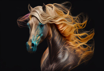 Naklejka na ściany i meble A horse with a developing golden mane on a dark background. AI generated. AI Generated