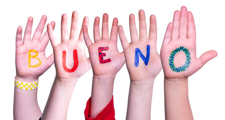 Children Hands Building Word Bueno Means Good, Isolated Background