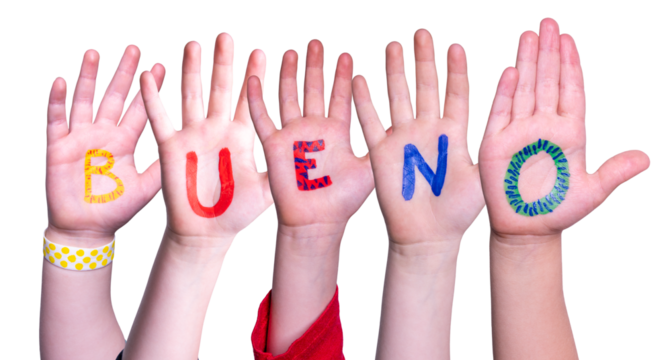 Children Hands Building Word Bueno Means Good, Isolated Background