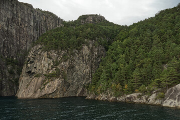 Bergwand mit Felsen und Wald am Lysefjord 