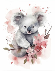 Koala bear, watercolor illustration, asian style, eucalyptus, cherry blossom, digital print, digital asset, nature, wildlife. Generative AI