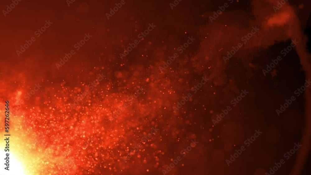 Poster abstract loop orange red flare light smoke cloud fire particles flow from bottom left to top right e