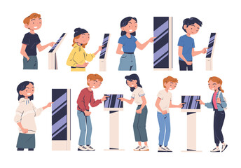 Obraz premium People Characters Using Information Board with Interactive Interface Vector Set