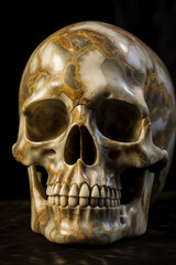 handcarved skull with gold filagree, marble and jasper material, Generative AI