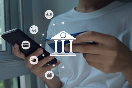 Mobile banking network, online payment, digital marketing. Using mobile phone with paying via mobile banking app with icon network connection on virtual screen. Financial Technology.