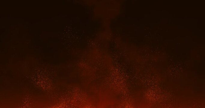 Red sparks rising up and smoke from a fire on a dark background. Abstract animation. 4K. 3D render.