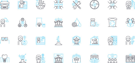 organizational materials linear icons set. Folders, Binders, Dividers, Tabs, Labels, Clips, Pins line vector and concept signs. Tapes,Glue,Scissors outline illustrations - obrazy, fototapety, plakaty
