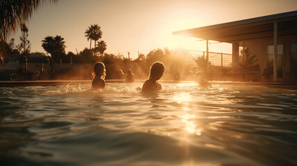 People enjoying in the pool during sunset, Generative AI