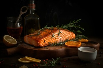 Fototapeta na wymiar A spiced salmon fillet grilled with rosemary. Generative AI