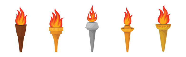 Torch with Brightly Burning Fire on Top as Ignited Light Source Vector Set