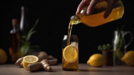 Woman pouring from bottle fresh kombucha with lemon and ginger into glass, generative ai
