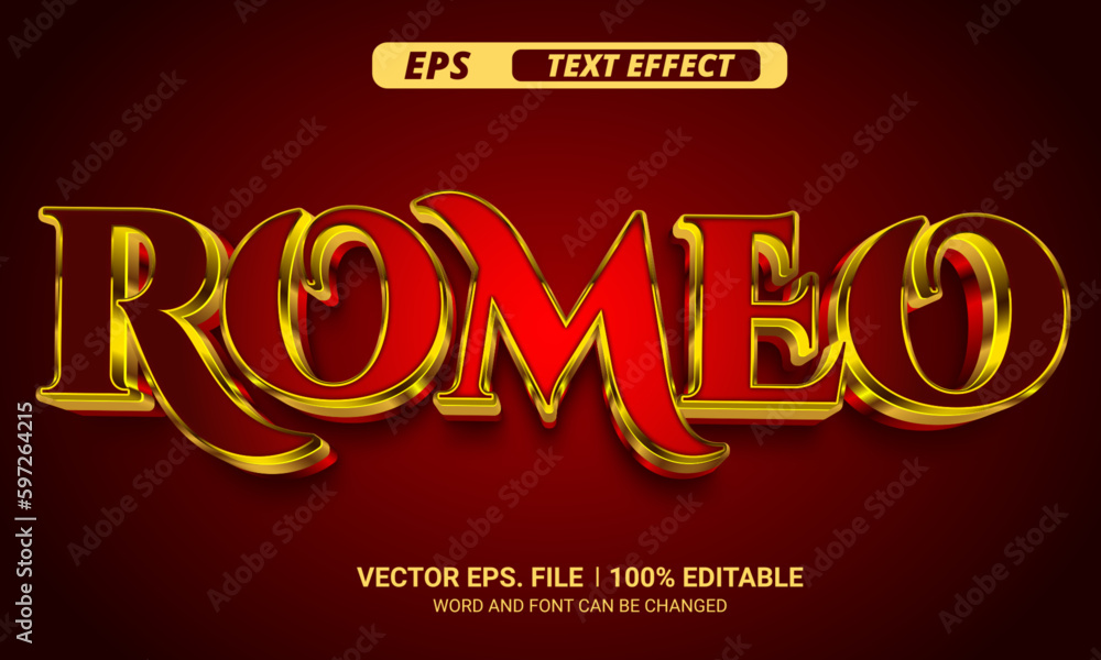 Poster romeo 3d editable vector text effect on red background