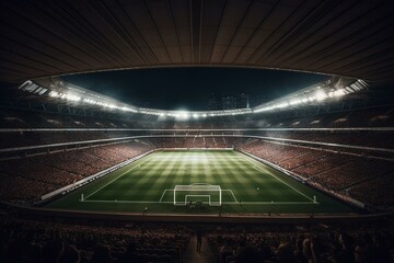 Fototapeta na wymiar Interior view of a lit soccer stadium for a match. Generative AI
