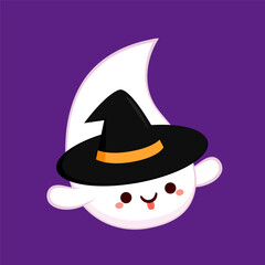Cute ghost floating with Halloween. Trick or Treat. Funny spooky boo character. Spook phantom with happy smiling face expression. Isolated kids flat vector illustration.