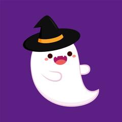 Cute ghost floating with Halloween. Trick or Treat. Funny spooky boo character. Spook phantom with happy smiling face expression. Isolated kids flat vector illustration.