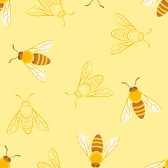 Bees seamless pattern. Yellow vector background with honey bees.